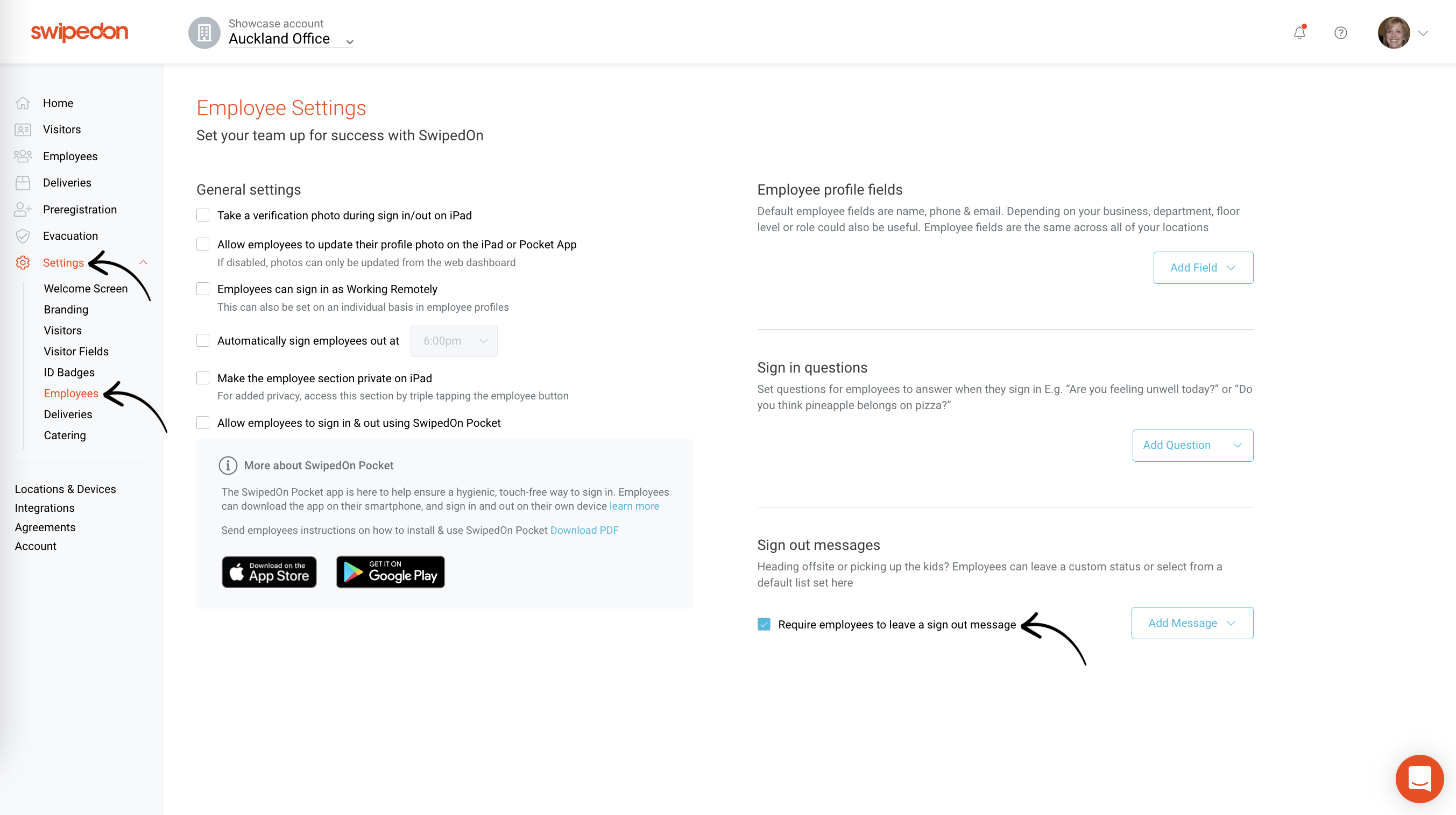 Employee signout message